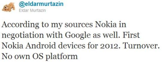 传诺基亚的Android产品将于2012年推出